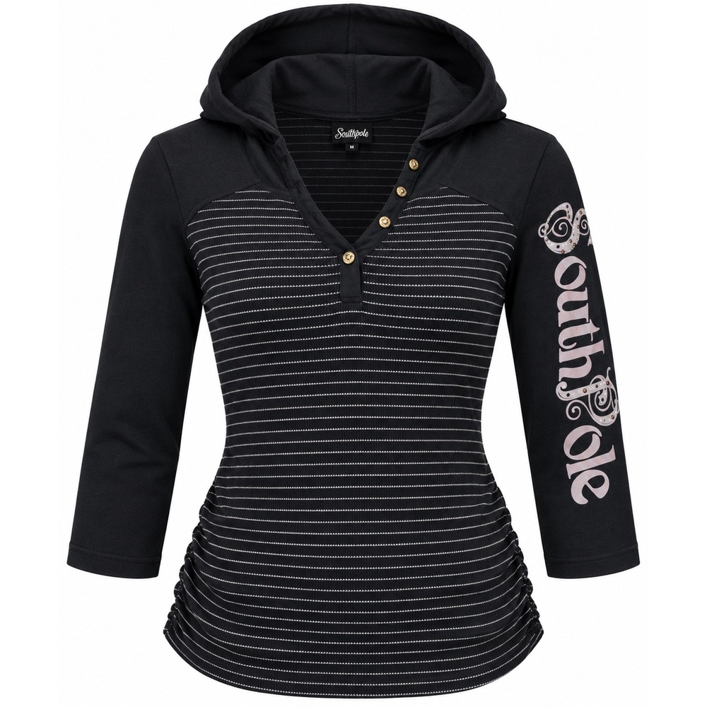 Southpole Womens XL Black Striped Waffle Knit Henley Hoodie Rhinestone Logo Y2K